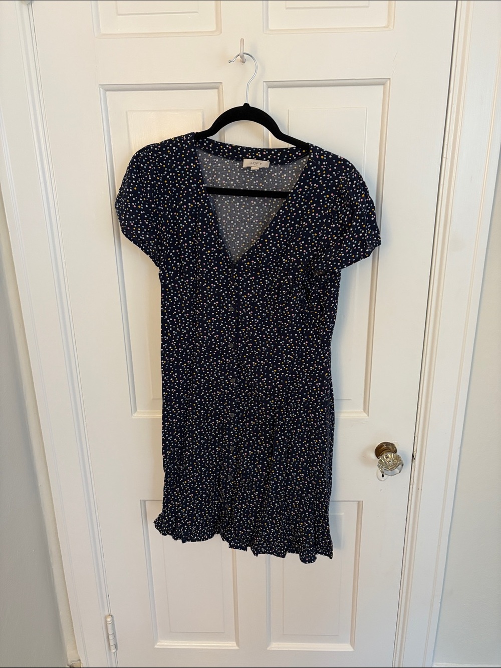 LOFT Navy Short Floral V-Neck Dress with Ruffle Hem
